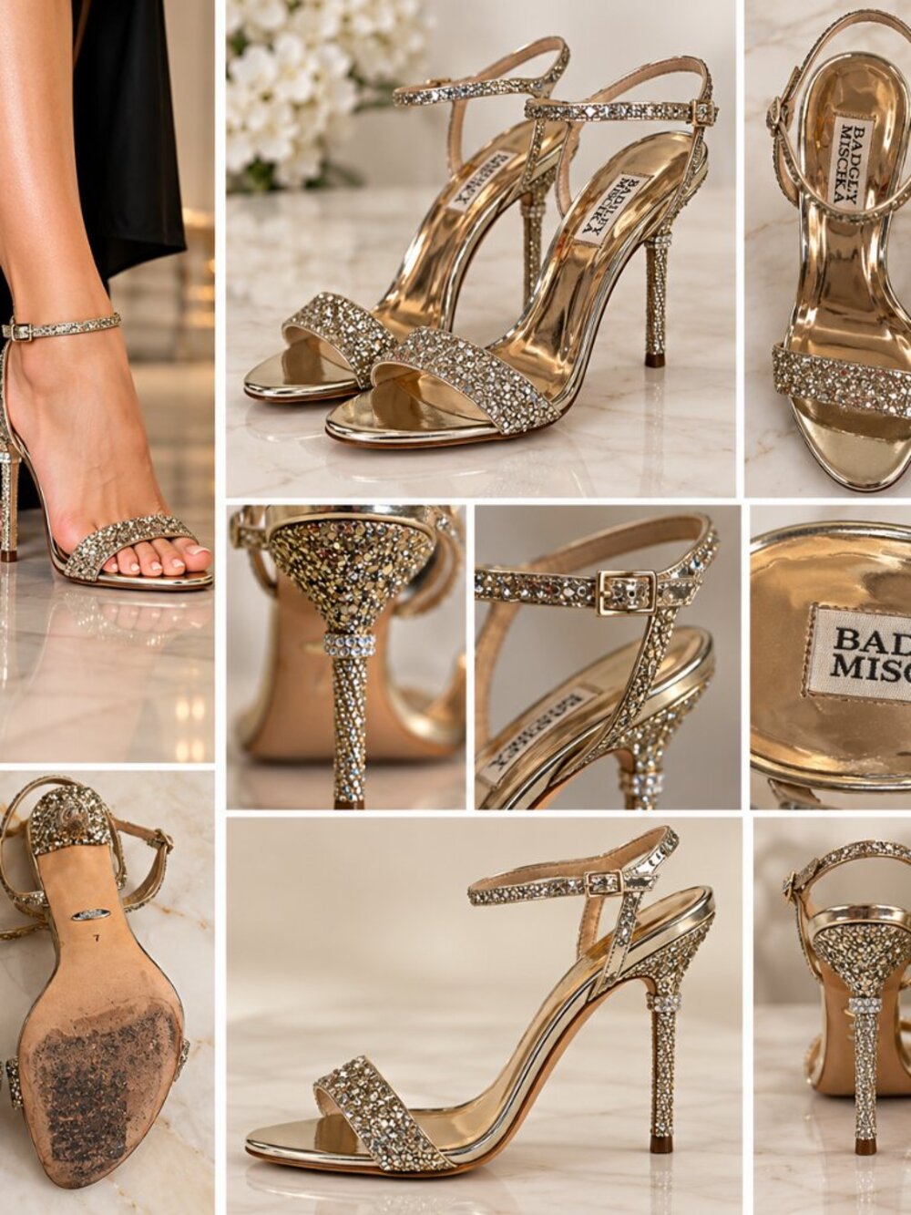 Badgley Mischka Gold Crystal Stiletto Evening Sandals – Size 7